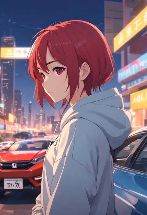 1 girl, Honda car theme, Honda car style, car brand, red hair, silver hoodie