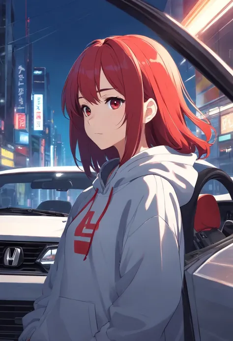 1 girl, Honda car theme, Honda car style, car brand, red hair, silver hoodie