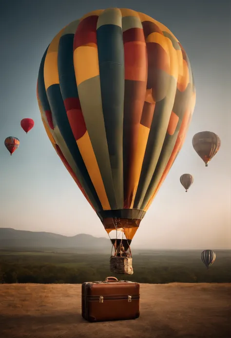 The basket under the hot air balloon is replaced with an open Evas suitcase ,People standing on suitcases,clear blue skies,impressive landscapes,Luxury adventure,Lively atmosphere,Masterpiece,