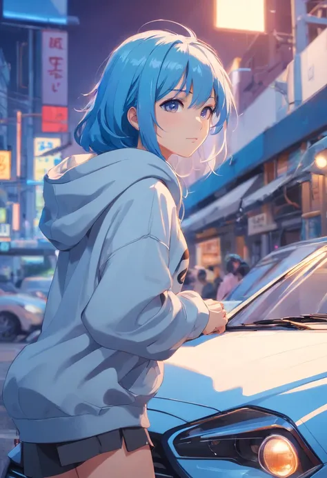 1 girl, Hyundai car theme, Hyundai car style, car brand, car, blue hair, silver hoodie