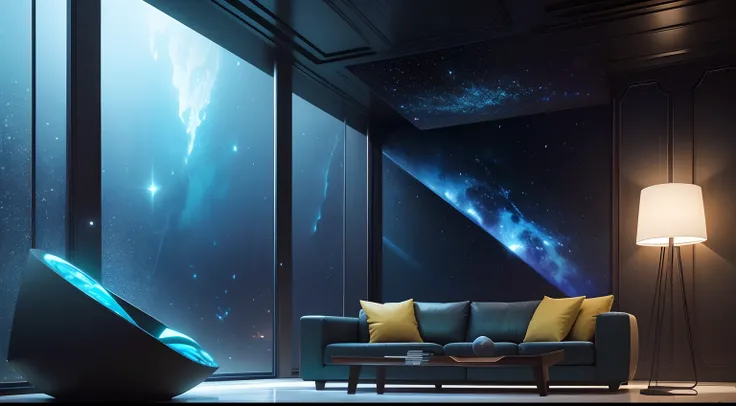 The living room is a private chat space inhabited by aliens，Full of mystery and sci-fi elements。The walls are made of translucent material，Through the walls, you can see the starry sky and cosmic scenes outside。The furniture is beautiful and simple，heavy d...