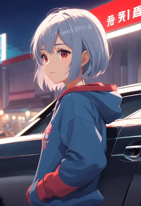 1 girl, Toyota car theme, Toyota car style, car brand, Toyota logo, silver hair, red hoodie