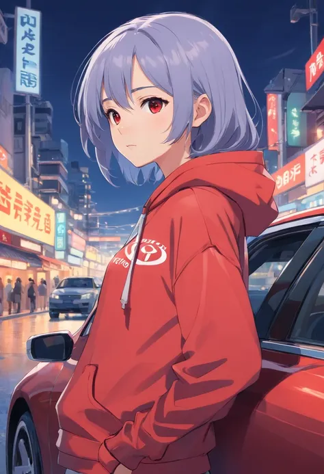 1 girl, Toyota car theme, Toyota car style, car brand, Toyota logo, silver hair, red hoodie