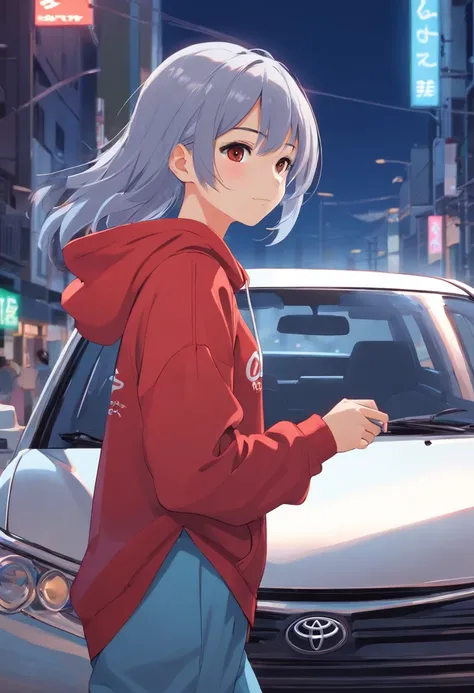 1 girl, Toyota car theme, Toyota car style, car brand, Toyota logo, silver hair, red hoodie