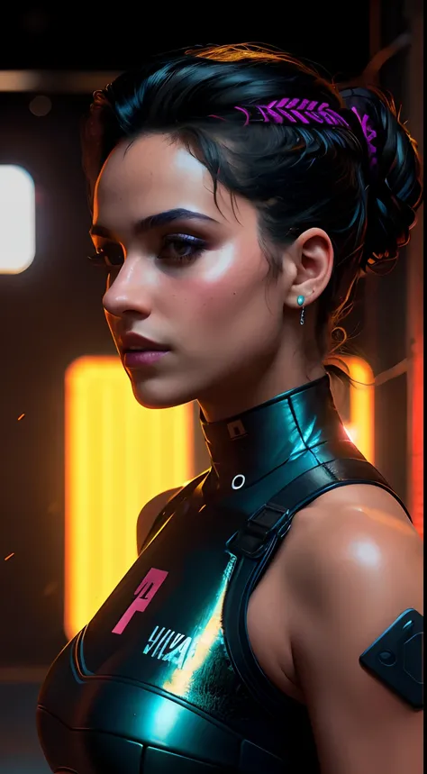 Close-up, obra-prima, uma bela modelo italiana, louro, em uma rua movimentada com placas de neon, Cyberpunk aesthetics, cabelo longo, Very detailed lighting, Dramatic, trending digital art in Artstation 8k HD realistic detailed high definition, detalhado, ...