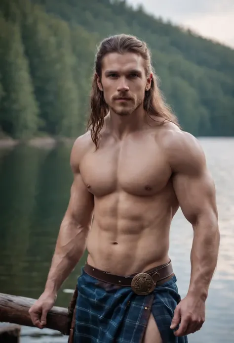 photo of muscular Viking in blue tartan kilt, topless, shirtless, barechest, warm summer evening, lake background, dramatic light, very handsome, long hair