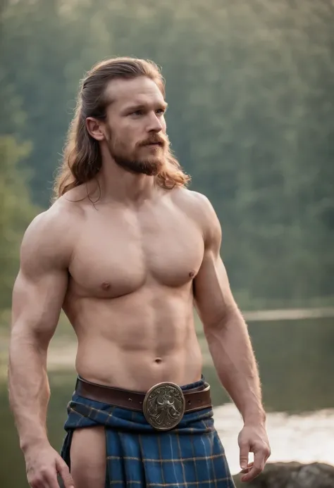 photo of muscular Viking in blue tartan kilt, topless, shirtless, barechest, warm summer evening, lake background, dramatic light, very handsome, long hair