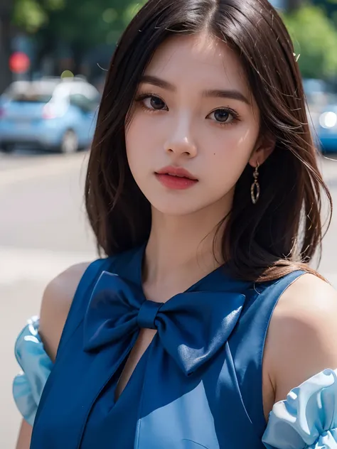 arafed woman with a blue bow and a blue dress, portrait of jossi of blackpink, captured on canon eos r 6, shot on nikon z9, shot on canon eos r 5, shot on canon eos r5, taken with canon eos 5 d mark iv, very pretty face, anime thai girl, soft portrait shot...