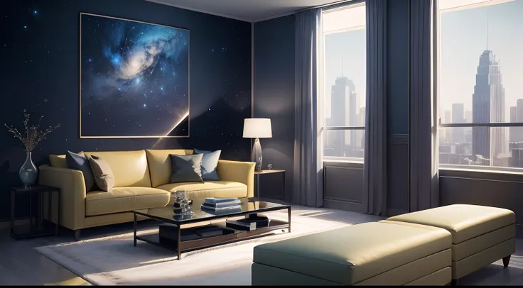 tmasterpiece，best qualtiy，（（best qualtiy）），（tmasterpiece），（realisticlying）The living room is a space inhabited by aliens，Aliens sitting on couches，Full of mystery and sci-fi elements。The walls are made of translucent material，Through the walls, You can see...