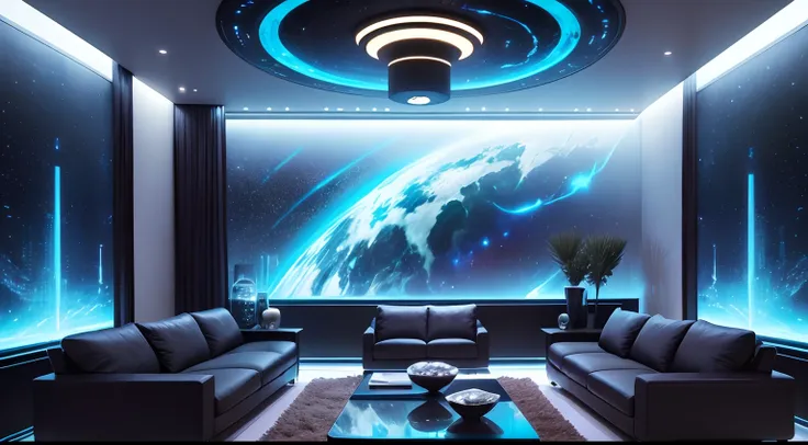 The living room is a private chat space inhabited by aliens，Full of mystery and sci-fi elements。The walls are made of translucent material，Through the walls, You can see the starry sky and cosmic scenes outside。The furniture is beautiful，Very simple，heavy ...