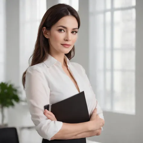 A fair-skinned woman in her 40s with a slim figure and round black eyes, dressed in an office uniform, expertly folding files, exuding an alluring gaze. Her luscious brunette hair falls gracefully around her face. The white background enhances her features...