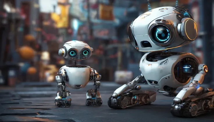 wide vision, ultra realista, altamente detalhado, pintura digital, arte conceitual, suave, foco nítido, tiro grande angular , Wall-E , babysitter, cute , with a cute baby , There is a cute robot standing in the future city play with a cute baby, which is a...