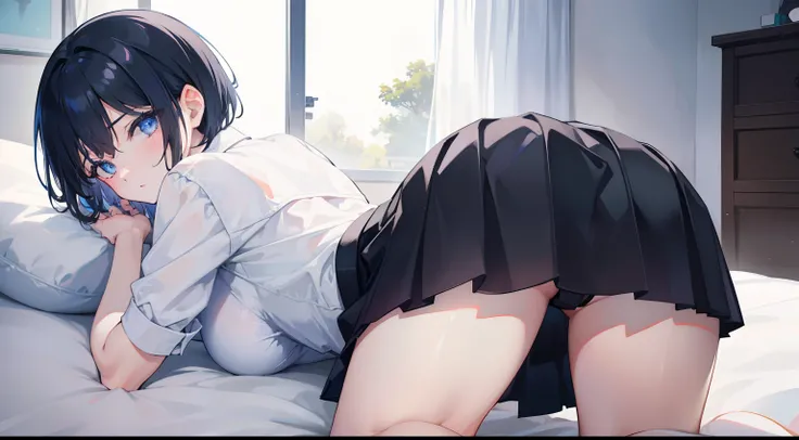 1girl, black short hair, eyes blue, Wear a blue skirt, Bedroom, on the bed, absurdres, high-resolution, ultra sharp, 8k, 巨作, looking at the scenes, from back, Death