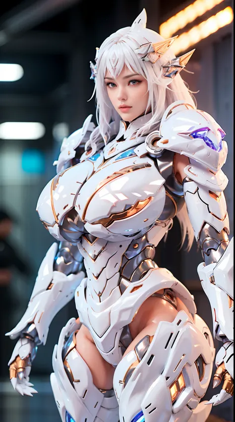 WHITE HAIR, HUGE BOOBS, CRYSTAL DRAGON HEAVY SUIT ARMOR, TRANSPARANT, THICK BODY, MUSCLE ABS.