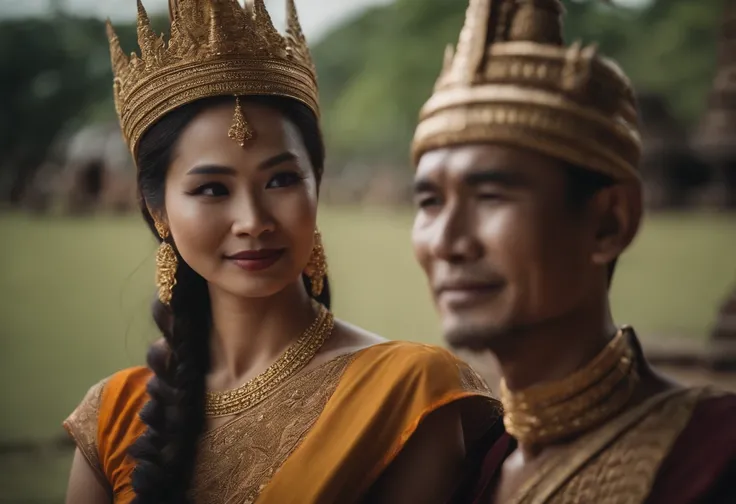 Close-up of husband and wife not wearing jewelry, Ancient Thai, Thai costume, traditional clothes, Ayutthaya dress, a man and a woman