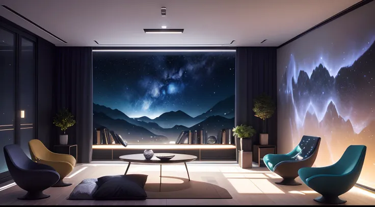 The living room is a private chat space inhabited by aliens，Full of mystery and sci-fi elements。The walls are made of translucent material，Through the walls, You can see the starry sky and cosmic scenes outside。The furniture is beautiful，Very simple，heavy ...