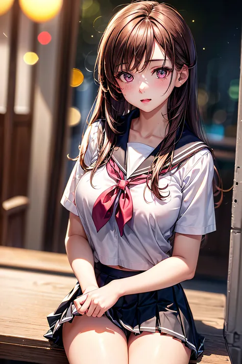 ((1girl in)), (Twin-tailed), Brown hair, Amazing face and eyes, Pink eyes, (amazingly beautiful girl), Brown hair, (High School Uniform, Pleated mini-skirt:1.5), ((Best Quality)), (Ultra-detailed), (extremely detailed CG unified 8k wallpaper), Highly detai...