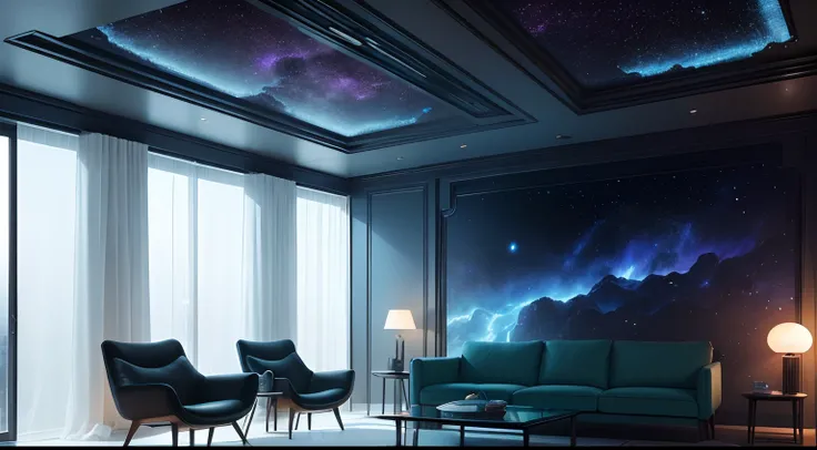 The living room is a private chat space inhabited by aliens，Full of mystery and sci-fi elements。The walls are made of translucent material，Through the walls, You can see the starry sky and cosmic scenes outside。The furniture is beautiful，very simple，heavy ...