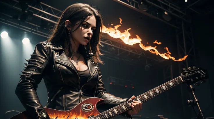 (Masterpiece:1.3, Best quality, Photorealistic, Ultra-detailed, finely detailed, high resolution, 8K wallpaper) Heavy metal, biker chick with chains and spikes, ferocious expression, powerful female rock star, black leather, dressed in black leather jacket...