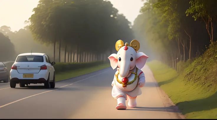 Cute baby,Lord Ganesha walking on indian road, working with isro team