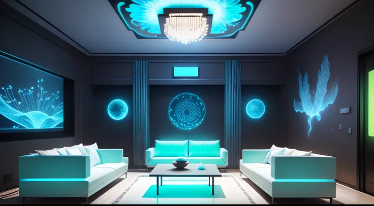 The living room is made by bioluminescence technology, Both walls and furniture are capable of emitting beautiful bioluminescence。The walls are covered with glowing algae and bacterial petri dishes,Exudes dreamy colors。The furniture surface is also covered...