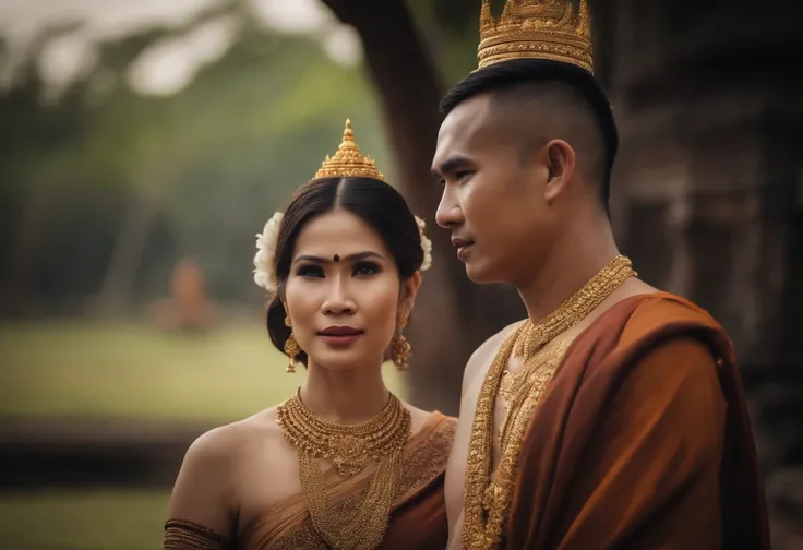 Half-body portrait of husband and wife not wearing jewelry, Ancient Thai, Thai costume, traditional clothes, Ayutthaya dress