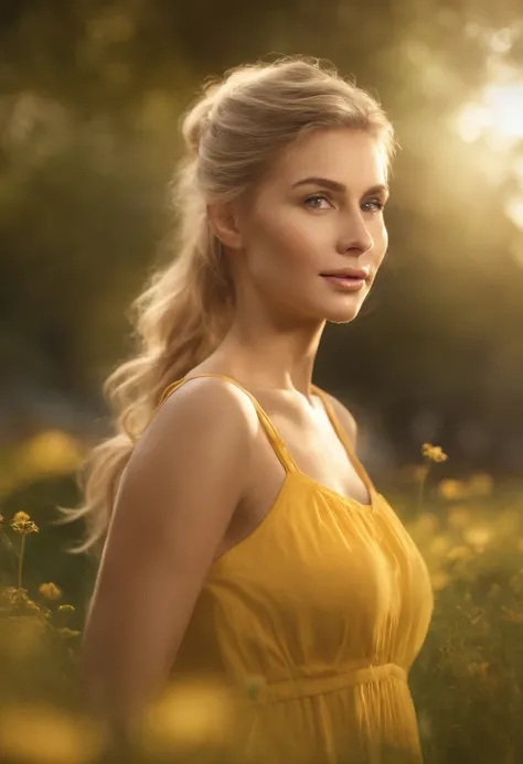 photorealistic,realistic, solo, photorealistic, best quality, ultra high res, 1girl,, , blonde hair in a ponytail, wearing a yellow sundress, breeze blowing through the grass,, , 1girl,, beautiful, masterpiece, best quality, extremely detailed face, perfec...