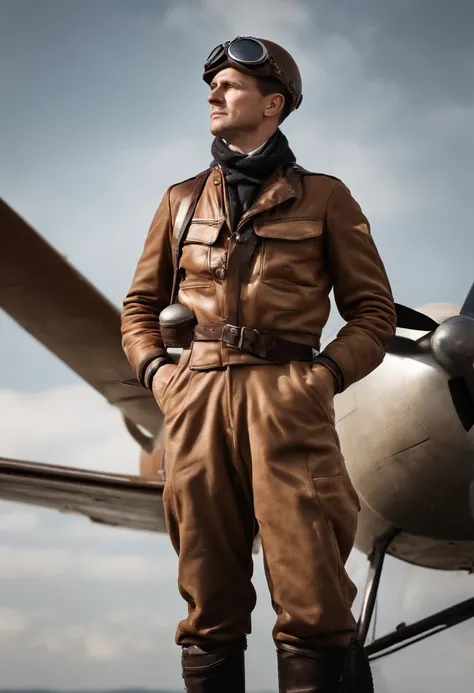 1930s pilot wearing vintage flying gear standing full height on a white background looking up to the left - Variations (Strong)