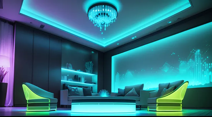 The living room is made with bioluminescence technology, Both walls and furniture emit beautiful bioluminescence。The walls are covered with glowing algae and bacterial petri dishes,Exudes dreamy colors。The surface of the furniture is also covered with lumi...