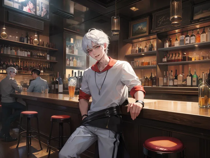 An 18-year-old boy with short white hair and white half-sleeves，Stand in front of the bar，With a smile，Upper body display，Inside a modern urban bar，grand master，tmasterpiece，8k wallpaper，CG，Ultra-high image quality