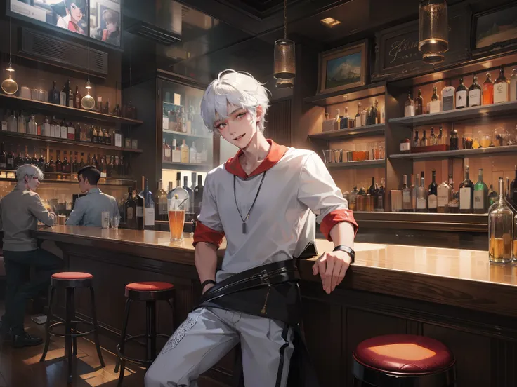 An 18-year-old boy with short white hair and white half-sleeves，Stand in front of the bar，With a smile，Upper body display，Inside a modern urban bar，grand master，tmasterpiece，8k wallpaper，CG，Ultra-high image quality