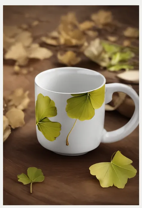 There is a cup，Ginkgo biloba chart，Mug design artwork，Modern artwork，top views，Best results，artwork of a，best qualtiy,8K,.3D，Color decoration，top Quority，the detail，