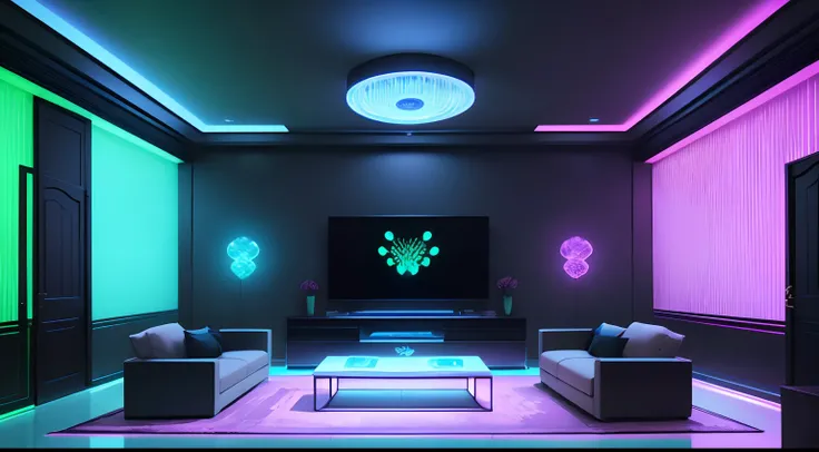 The living room is made with bioluminescence technology, Both walls and furniture emit beautiful bioluminescence。The walls are covered with glowing algae and bacterial petri dishes,Exudes dreamy colors。The surface of the furniture is also covered with lumi...