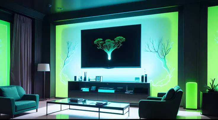 The living room is made with bioluminescence technology, Both walls and furniture emit beautiful bioluminescence。The walls are covered with glowing algae and bacterial petri dishes,Exudes dreamy colors。The surface of the furniture is also covered with lumi...