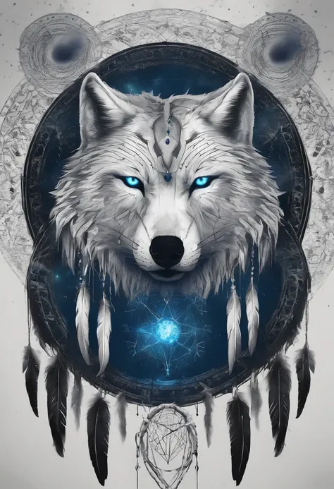 （White wolf in a circle of colorful dream catchers），"T-shirt design with circular silhouette of wolf face, Crescent, and stars in the，Blue glowing eyeballs