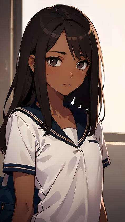 1 girl, (dark brown skin:1.4), long hair, black eyes colour, mole down the right eye, School girl outfit, blushing, embarrassed, (high quality, masterpiece, extremely detailed:1.2), (small chest:1.2), (Realistic, photorealistic:1.2), studio lighting