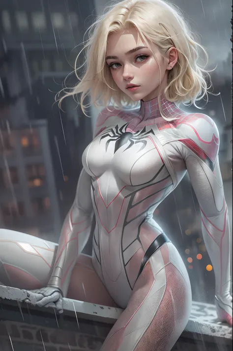 18 yo girl, white spider man suit, short blunt hair, blonde, beautiful face, rain, roof, masterpiece, intricate detail, perfect anatomy