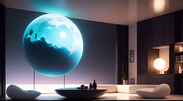 Anti-gravity floating living room 
This living room has an anti-gravity environment。An alien with a spherical head and body floats in mid-air,The surrounding furniture is also all floating。watch from the side,Both this alien and the furniture are slowly sp...