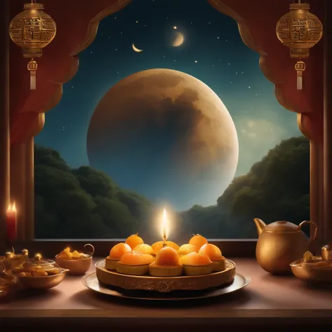 Mid-Autumn Festival, A round moon, the night, （Moon cake）, teas, the fruits, edgBunny, Change rushes to the moon, symmetry, high detail, Romanticism, sparkle, god rays, ray tracing, UHD, retina, masterpiece, ccurate, super detail, high details, high qualit...