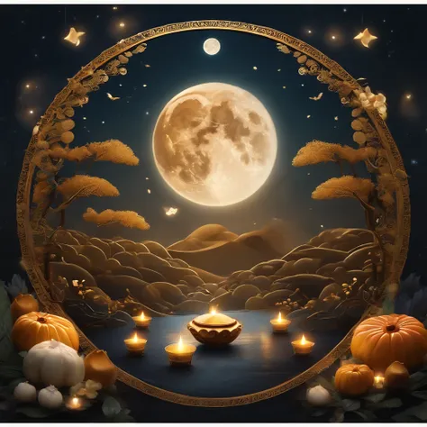 Mid-Autumn Festival, A round moon, the night, （Moon cake）, teas, the fruits, edgBunny, Change rushes to the moon, symmetry, high detail, Romanticism, sparkle, god rays, ray tracing, UHD, retina, masterpiece, ccurate, super detail, high details, high qualit...