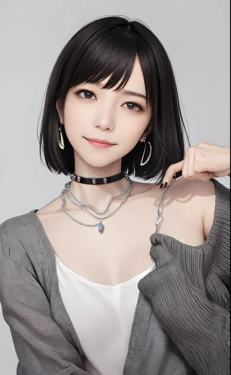 pilyeon, solo, 1girl in, black nails, jewelry, silber hair、short hair, looking at viewer, choker, necklace, hand on own face, pi...