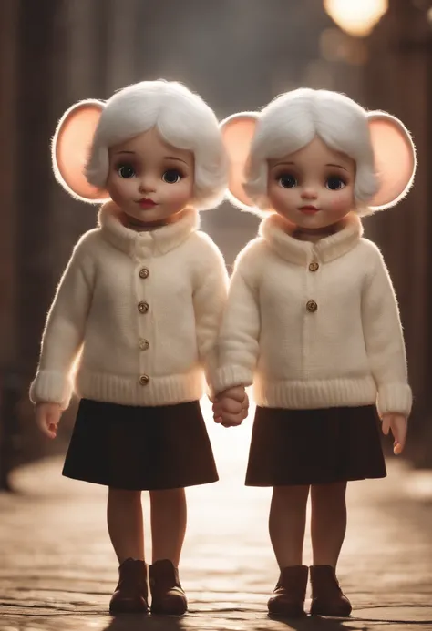 Twins, mouse girls, short fluffy white hair, big round mouse ears, white sweaters, holding hands, ((dark brown eyes)), couple, beautiful, glossy lips, detailed eyes