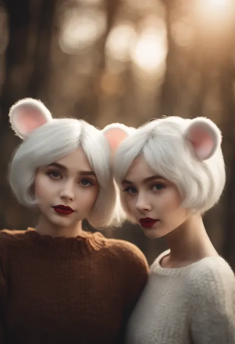 Twins, mouse girls, short fluffy white hair, big round mouse ears, white sweaters, holding hands, ((dark brown eyes)), couple, beautiful, glossy lips, detailed eyes