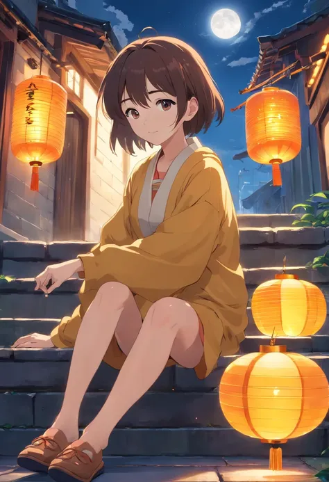 Mid-Autumn Festival poster, A girl/Moon cake, Sitting on the steps, Yellow clothes, rabbi, Cartoon, Float lightly in the air, Night, cheerfulness, low  angle shot, High details, Clear detail, 16K resolution, 4 d cinema, 3D --on 9:16 --niji 5 --s 800