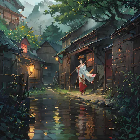 Chinese ancient times, geisha walking in street, paper umbrella, rain, spring, jungle, lake, cave, waterfall, tree, rock, hot spring, water vapor, (illustration: 1.0), epic composition, realistic lighting, HD details, masterpiece, best quality, (very detai...