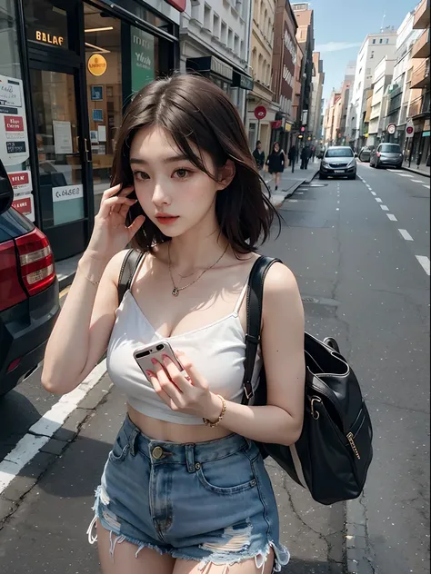 Beautiful woman, fiddling with cell phone in the middle of the street, short clothes