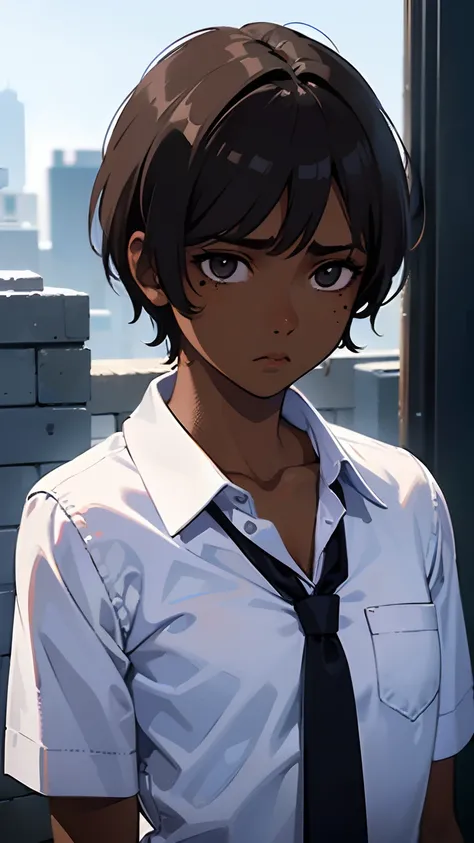 1 girl, (dark brown skin:1.4), very short hair, black eyes colour, mole down the right eye, School girl outfit, depressed, cold expression , (high quality, masterpiece, extremely detailed:1.2), (small chest:1.2), (Realistic, photorealistic:1.2), studio lig...