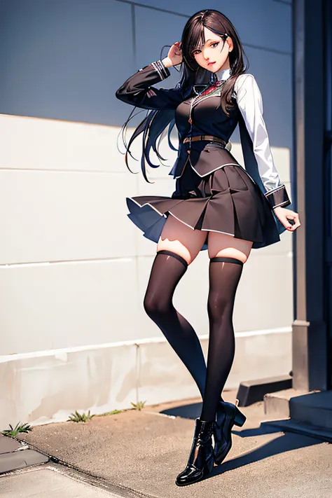 ((masterpiece, best_quality)), 1girl, (photorealistic:1.4),  solo, white_background, black_hair, long_hair,   zettai_ryouiki, skirt, ((full_body)),