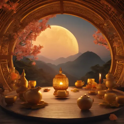 Mid-Autumn Festival, A round moon, the night, （Moon cake）, teas, the fruits, edgBunny, Change rushes to the moon, symmetry, high detail, Romanticism, sparkle, god rays, ray tracing, UHD, retina, masterpiece, ccurate, super detail, high details, high qualit...