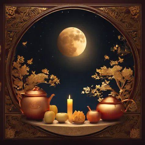 Mid-Autumn Festival, A round moon, the night, （Moon cake）, teas, the fruits, edgBunny, Change rushes to the moon, symmetry, high detail, Romanticism, sparkle, god rays, ray tracing, UHD, retina, masterpiece, ccurate, super detail, high details, high qualit...